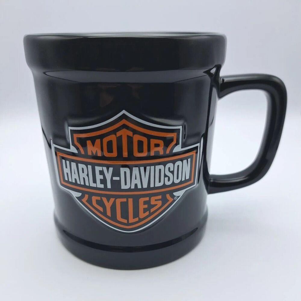 NEW Harley Davidson 2009 Coffee Mug Black Orange Raised Bar & Shield Logo 16 oz